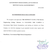 Recognition and Appreciation Letter received from Government High School, Kunjandiyur for cleaning their campus on 29th February 2020.